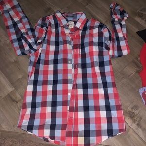 Red and blue checkered button up
